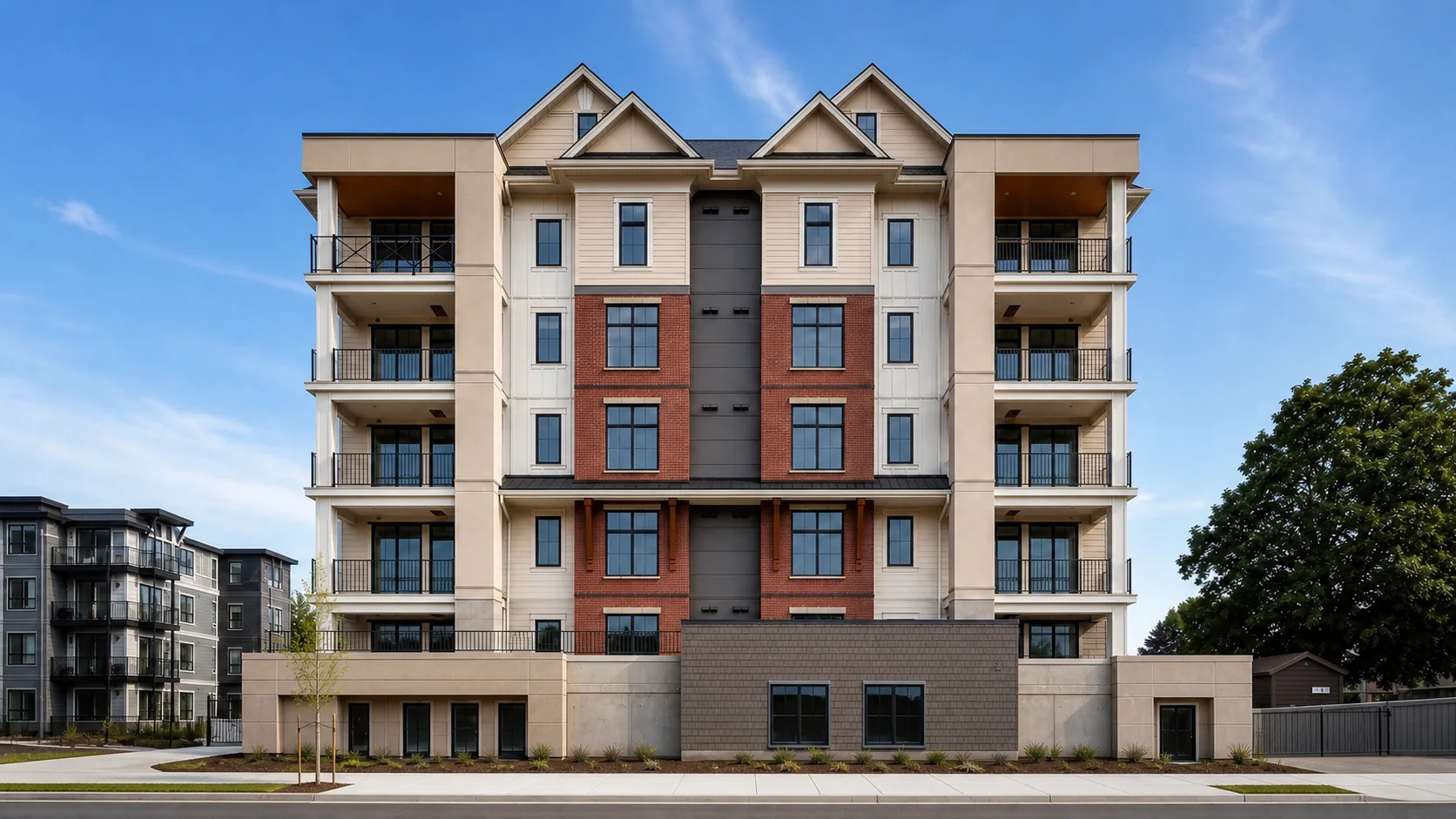 Completed end elevation of Cascade Court