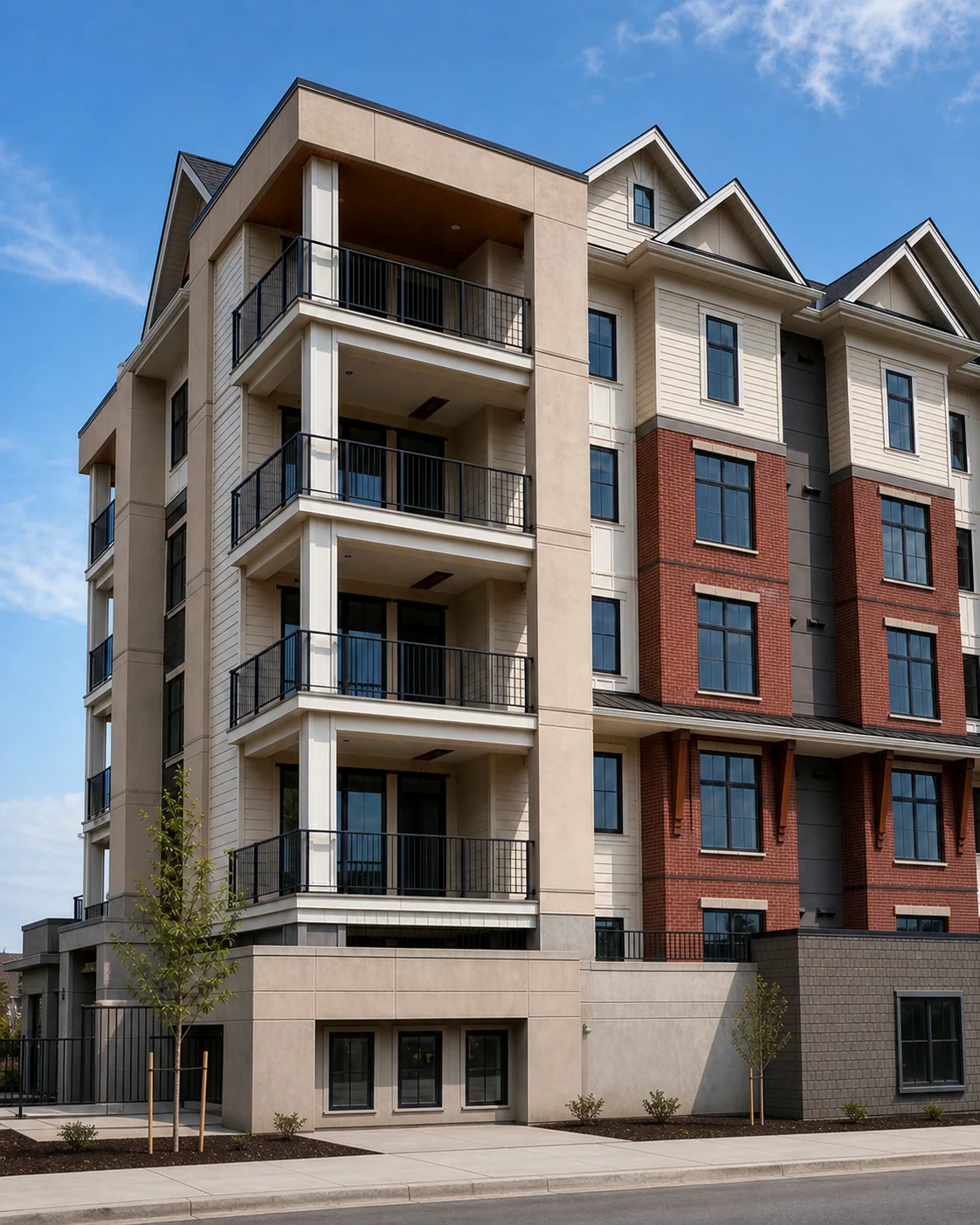Cascade Court corner balconies and gables