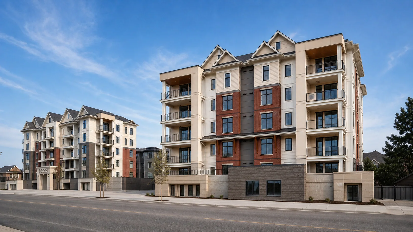 Cascade Court's two completed rental buildings viewed from the street