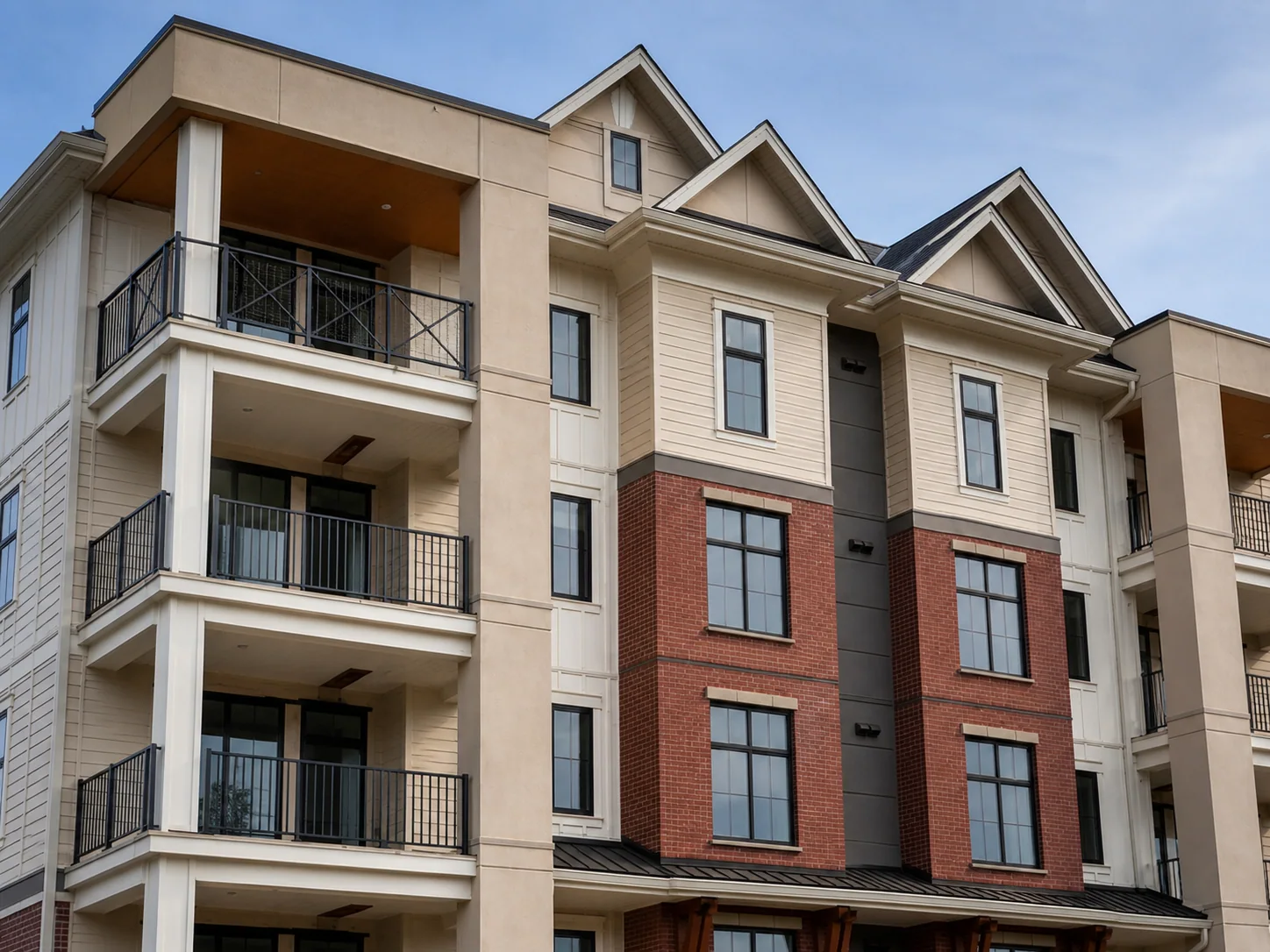 Detailed view of Cascade Court balconies, brick and gables