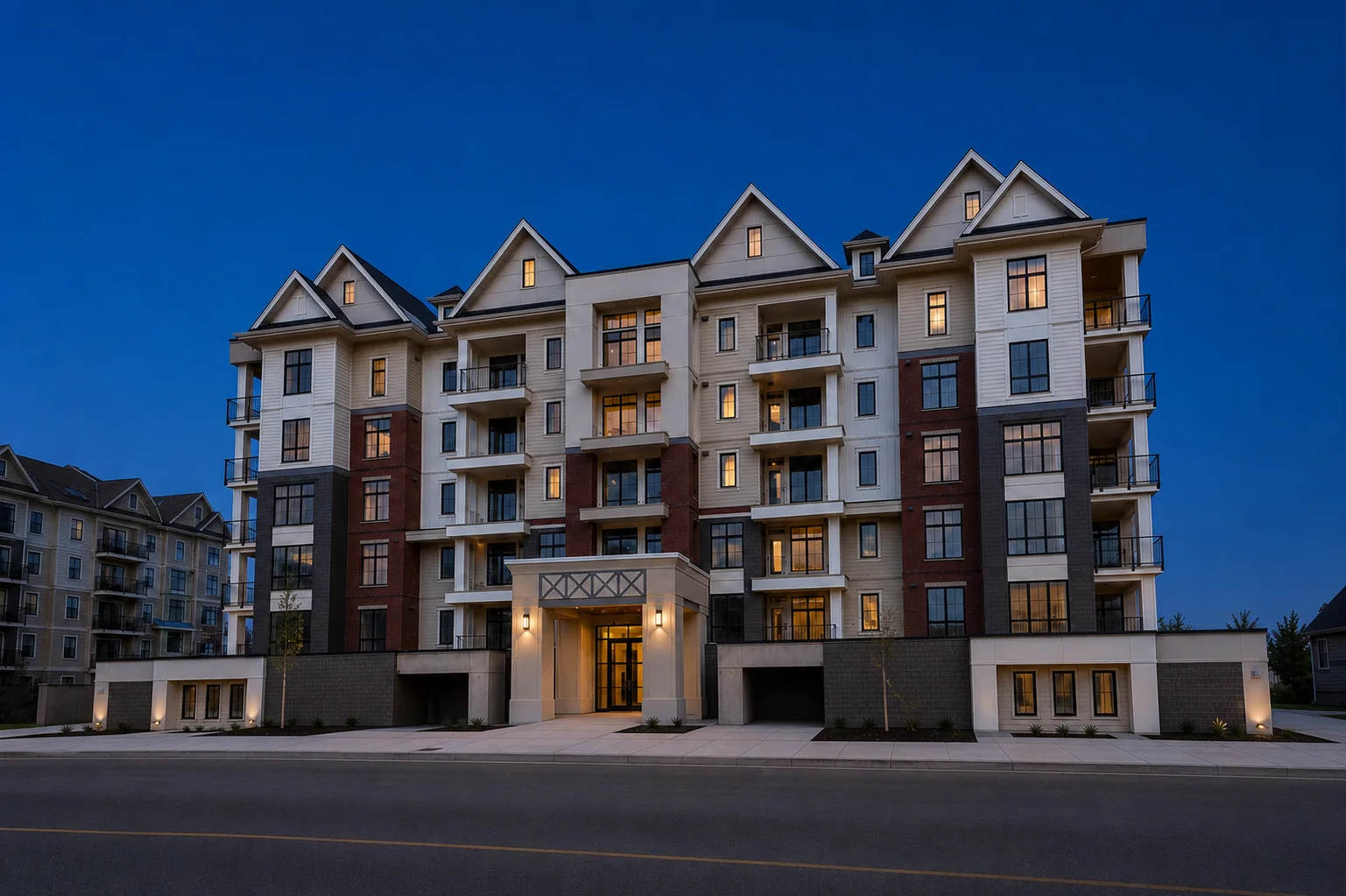 Cascade Court illuminated at blue hour
